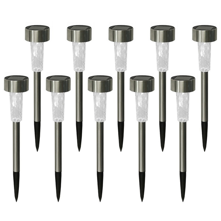 Set 10 Lampi Solare pentru Gradina Teno®, tehnologie LED, pentru exterior, incarcare solara, autonomie 8 ore, tip tarus, PVC, lumina alb rece