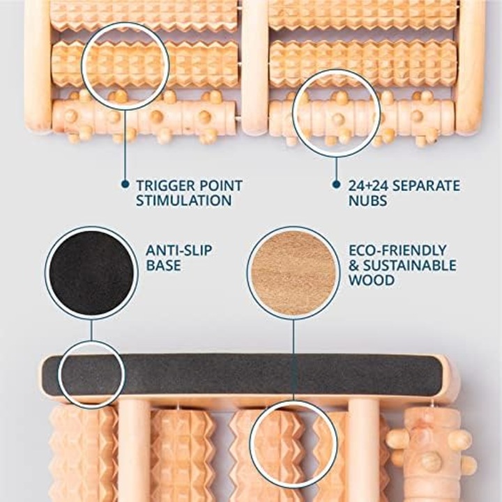 Двоен масажор за крака, облекчаване на болката в краката при плантарен фасциит и болка в свода, дървена ролка за крака подобрява кръвообращението, включва диаграма за рефлексология за домашна и офисна употреба
