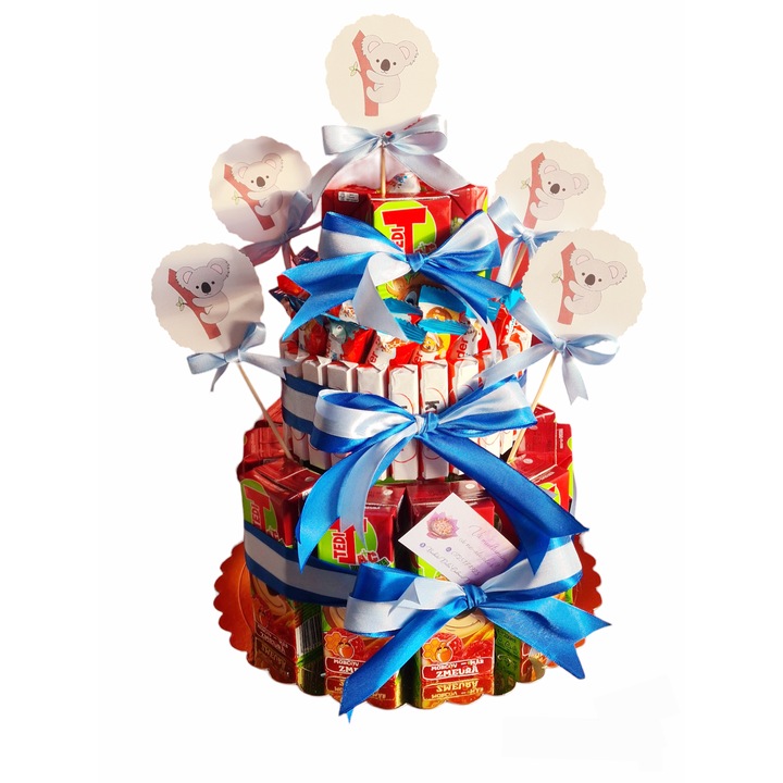 Tort aniversar din dulciuri- suc, kinder chocolate mini, kinder batoane de ciocolata cu lapte pentru 30 de persoane cu tematica koala