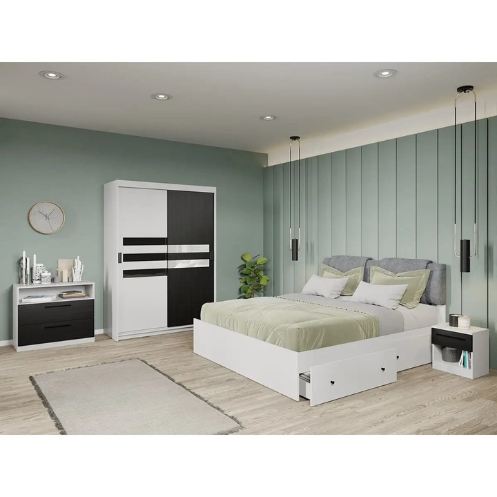 Set dormitor, Glass, Ferrara cu Alb, C15, Pat, Dulap, Comoda, Noptiere