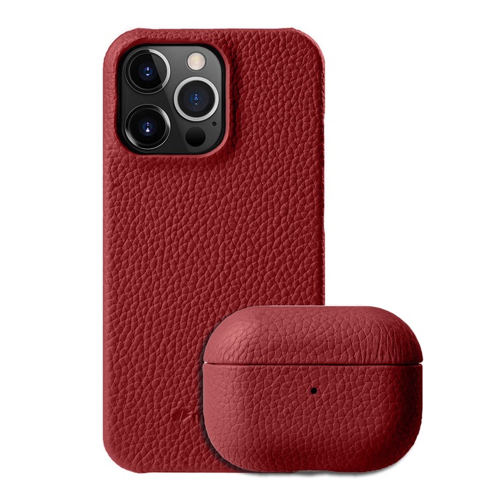 Set Husa pentru Airpods Pro/Airpods Pro2 si Husa pentru Iphone 14 Pro Max Melkco Luxury din piele naturala, Back Snap, Calitate Premium, Handmade, Rosu