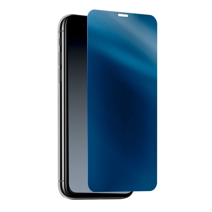 Folie de protectie pentru iPhone 15 Pro Max, Mirror Effect Glass, Full Glue, Full Cover, Instalare usoara, Efect de oglinda, Albastra