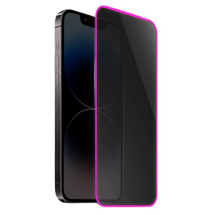 Folie de protectie pentru iPhone 15, Fosforescenta, Sticla Glow in The Dark, Full Cover, Full Screen, Strong Clarity, Roz Neon