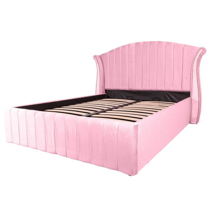 Pat dublu tapitat Miami line 180/200 cm, roz cu detalii aurii, cu somiera metalica rabatabila si spatiu de depozitare