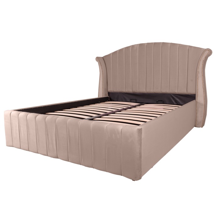 Pat dublu tapitat Miami line 160/200 cm, cappuccino cu detalii aurii, cu somiera metalica rabatabila si spatiu de depozitare