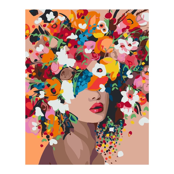 Set pictura pe numere Fata cu flori portret 4568, panza bumbac pe rama lemn, 80x100 cm, tablou cu schita, 3 pensule si vopsea acrilica