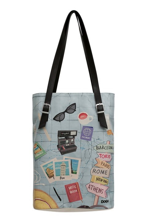 DOGO SHOES, Geanta shopper cu imprimeu, Albastru, Albastru prafuit/Galben pai/Alb murdar, 41 x 36 x 12 CM