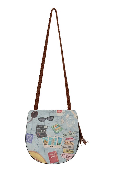 DOGO SHOES, Geanta crossbody din piele ecologica cu imprimeu si bareta impletita, Albastru glaciar, Caramel, Alb murdar