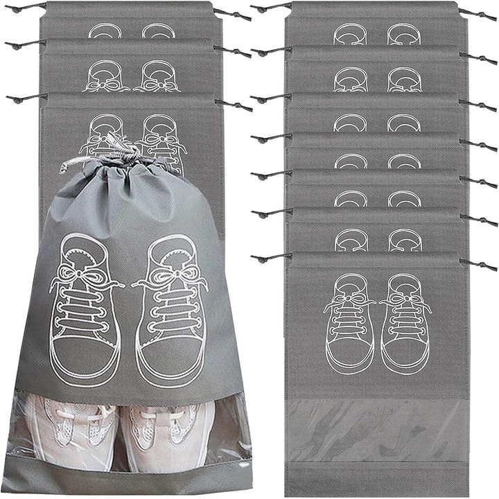 Set 15 saci incaltaminte voiaj, BOMSTOM, Rezistent la praf/mucegaci, 44x32 cm, organizare pantofi, voiaj, Gri