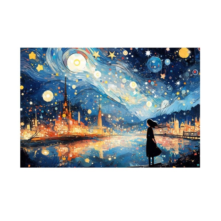 Tablou Peisaj Urban, Noaptea Reflectoarelor, MDF, 90x60 cm