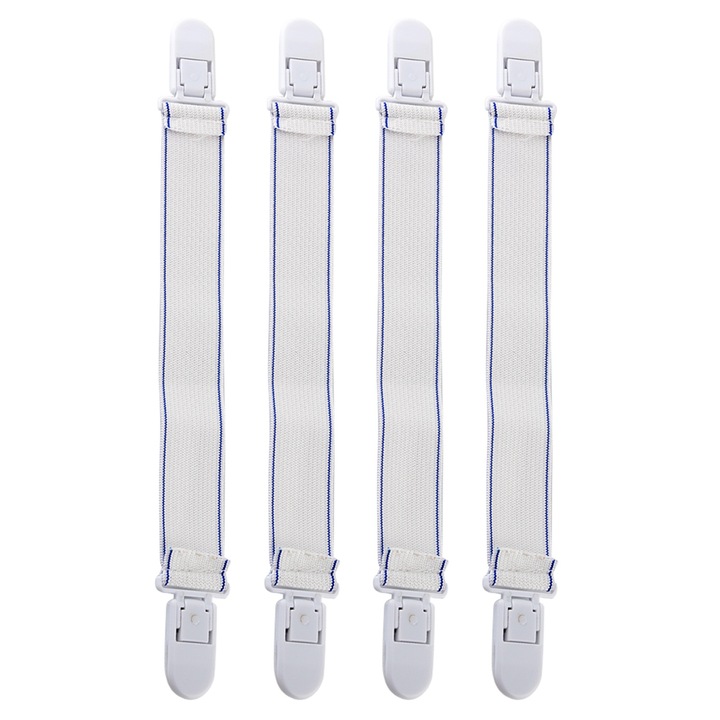 4 darab gumis rögzítő klipsz lepedőkhöz, Jormftte, fehér, nejlonból és gumiból, vékony lapokhoz