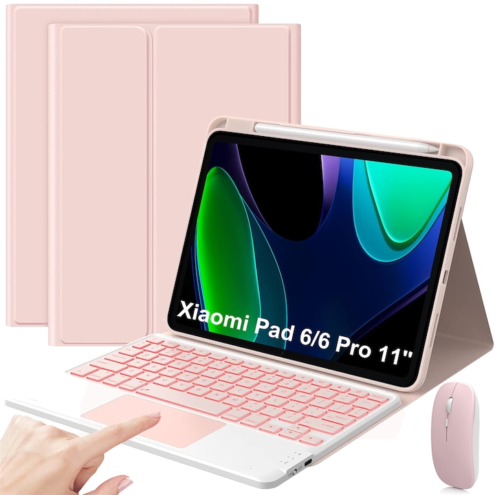 Husa Cu Tastatura Touchpad Pentru Xiaomi Mi Pad 6 si 6 Pro 11" 2023, Fara fir, Bluetooth, Iluminare De Fundal in 7 Culori, Cu Stilou, Mouse, Membrana Din Silicon Pentru Tastatura, Roz