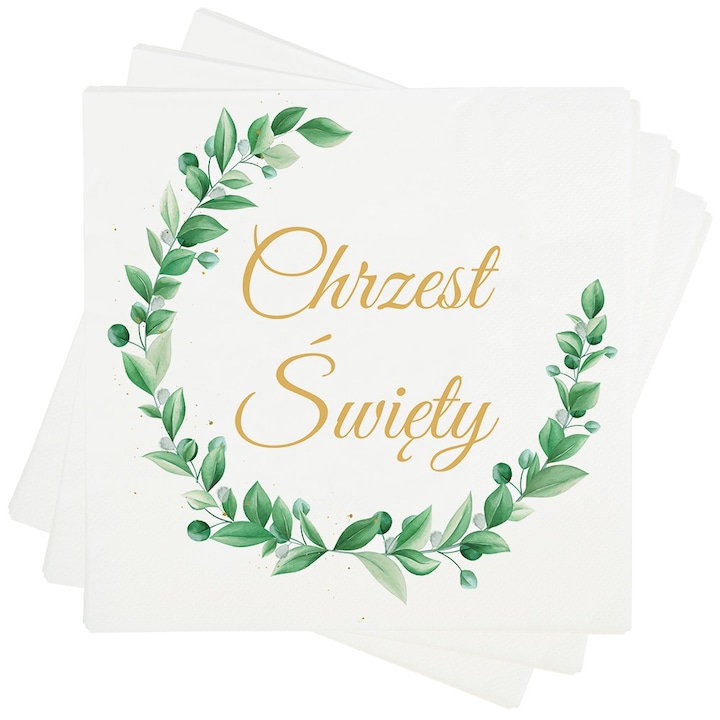 Servetele de hartie Dekolo.pl, 20 bucati, alb, 33x33cm, cu scris auriu "Chrzest Swiety" si frunze verzi