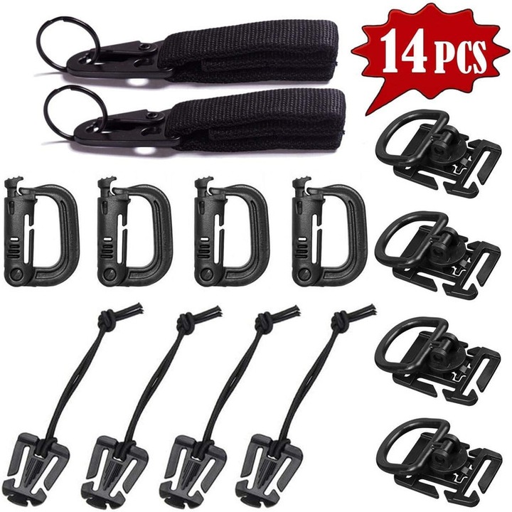 Set Accesorii camping, 14 piese, carabiniere din aliaj, cleme D-ring, suport rotativ, negru