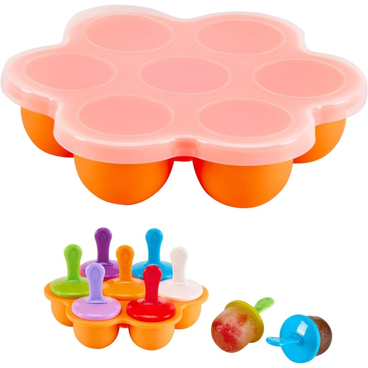 Forme pentru inghetata, cu capac din silicon, 7 compartimente, silicon alimentar, JENUOS®, Multicolor