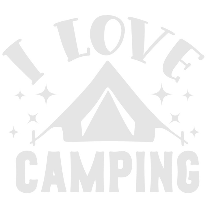 Sticker Exterior cu un cort si stelute cu mesajul "I love camping" - iubesc camping-ul/tabara, Vinyl Alb, 25 cm