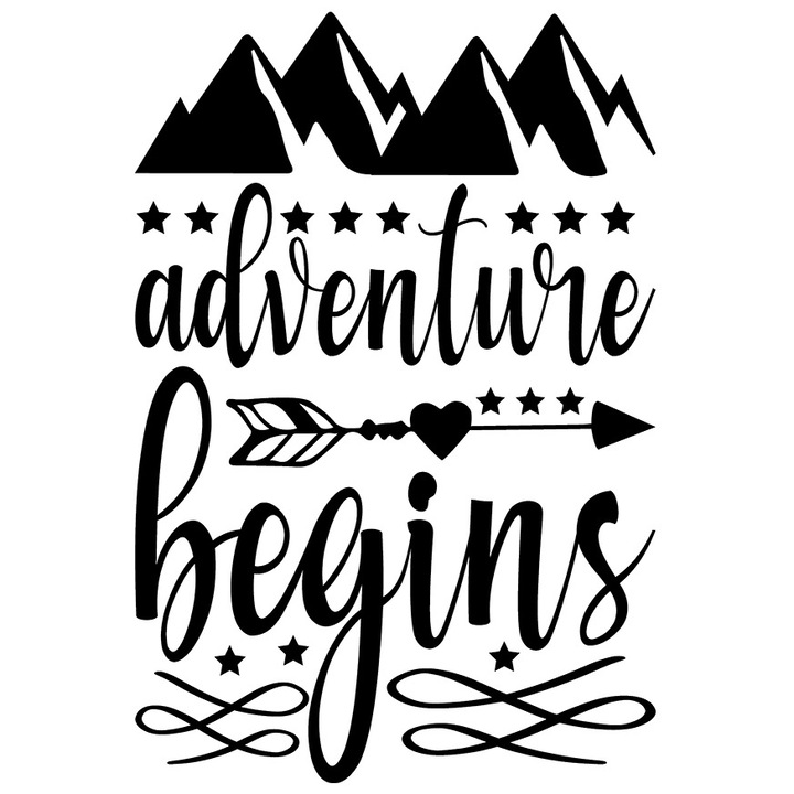Външен стикер с планини за любителите на пешеходния туризъм с послание "Приключението започва", винил черен, 70 см