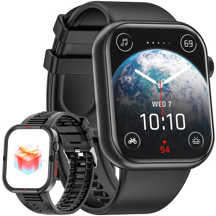 Смарт часовник, Carkira, модел G20 Sport, Bluetooth Talk, 1,85-инчов дисплей, многоезичен, известия за повиквания/SMS/социални медии, водоустойчив, фитнес тракер, спортен режим, педометър, сън, сърдечен ритъм, музикален плейър, унисекс, черен