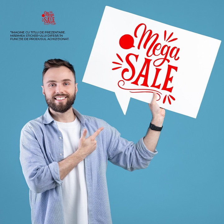 Sticker Exterior cu textul "Mega sale" - reduceri uriase ieftine, Vinyl Rosu, 30 cm