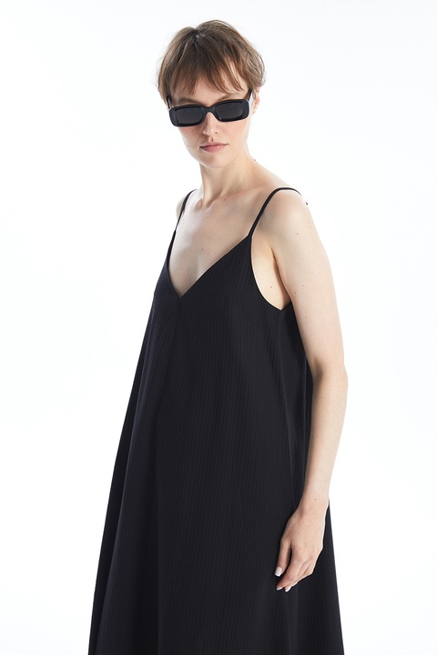 LC WAIKIKI, Rochie midi cu decolteu in V si bretele inguste, Negru, M