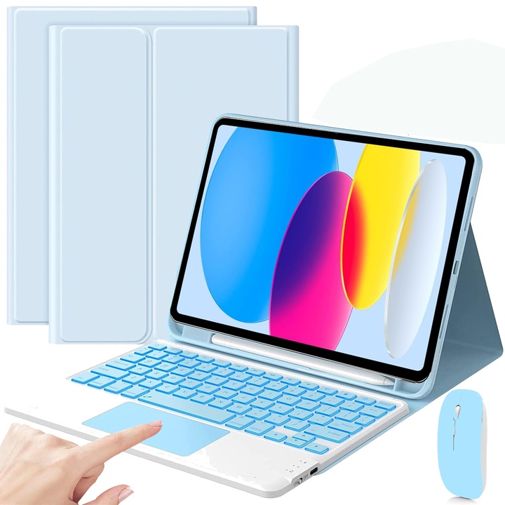 Érintőpad billentyűzet tok iPad 10 Gen.2022 10,9", vezeték nélküli, Bluetooth, 7 színű háttérvilágítás, tollal, egérrel, szilikon billentyűzet membránnal, kék