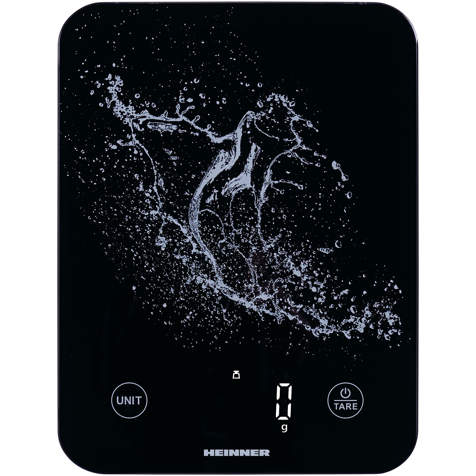 Cantar de bucatarie Heinner HKS-BK10USB, 10kg, sticla securizata 3mm, display led, control touch, gradare: 1g, functie Cantarire lichide, incarcare type-c, acumulator li: 3.7v, neg