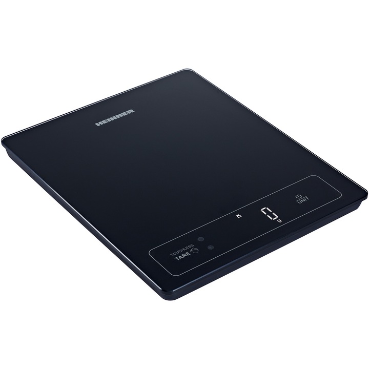 Смарт кухненска везна Heinner HKS-SM15BK, 15 кг, 4 мм закалено стъкло, Bluetooth, LED дисплей, Сензорно управление, Градуиране: 1 гр, Функция за претегляне на течности, Вертикален дизайн за съхранение, Батерии: 3 x 1,5 v aaa (не са включени), Черен