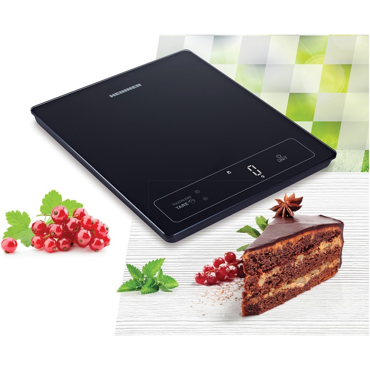 Cantar de bucatarie inteligent Heinner HKS-SM15BK, 15kg, sticla securizata 4mm, functie bluetooth, display led, control touch, gradare: 1g, functie Cantarire lichide, design depozitare verticala, baterii: 3 x 1.5v aaa (nu sunt incluse), negru