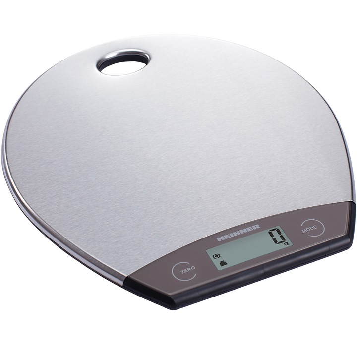 Кухненска везна Heinner HKS-5RSS, 5 кг, Платформа от неръждаема стомана, LCD дисплей, Сензорно управление, Градуиране: 1 г, Функция за претегляне на течности, Дизайн за вертикално съхранение, Батерии: 1 x cr2032 (включени)