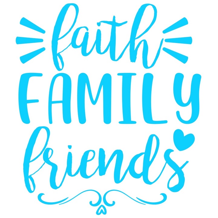 Sticker Exterior cu inimioara si textul "Faith, family, friends" - credinta familie prietene, Vinyl Albastru, 20 cm