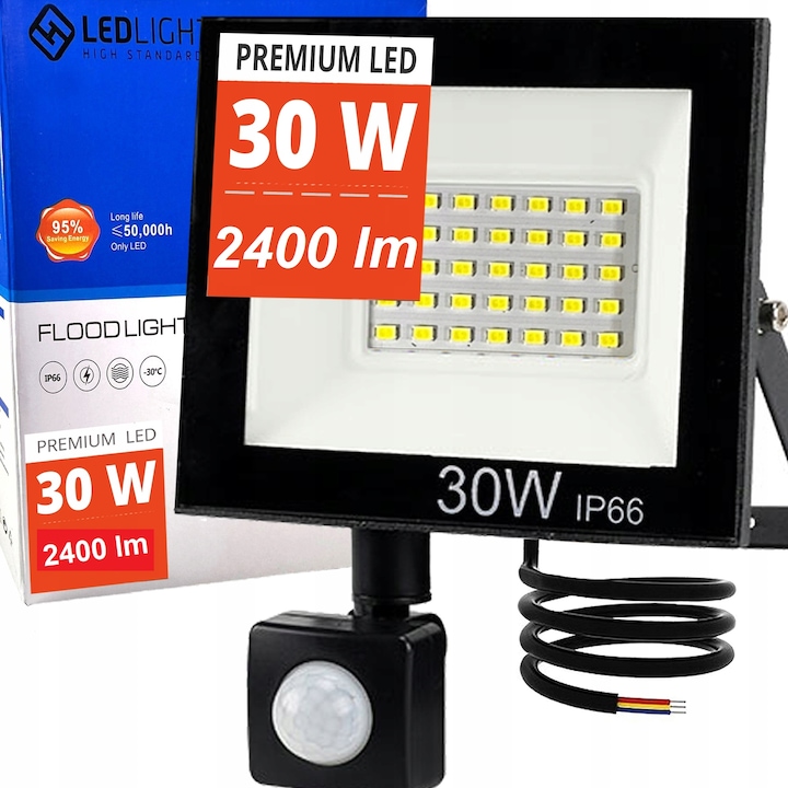 LEDLIGHT™ LED прожектор, 30W, 2400 lm, IP 66, сензор за движение и здрач, тънък, студено бял 6500 K, халоген, рефлектор, оберлихт, осветителен прожектор