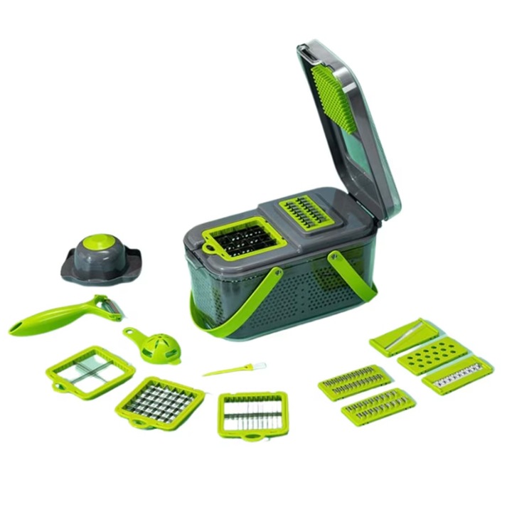 Razatoare Multifunctionala 22 de piese, Special MR™, pentru legume si fructe, cu functie de caserola, lame din otel inoxidabil si maner protectie, Verde,27x16x15cm