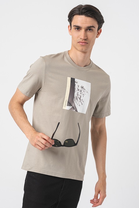 CALVIN KLEIN, Памучна тениска с фотопринт, Светло сив