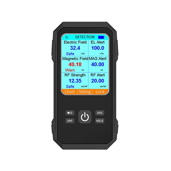 Detector de radiatii WALALLA, evaluare nivel radiatie, grafic tendinte, ecran LCD color, negru, 127x65x23mm