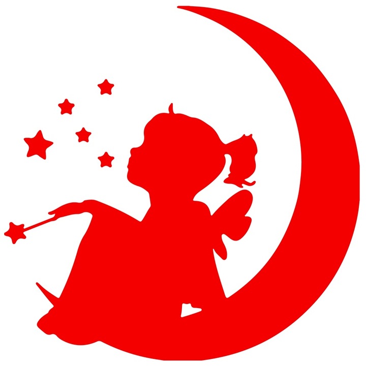 Sticker Exterior cu o fetita zana - sta pe semiluna stelute bagheta, Vinyl Rosu, 25 cm