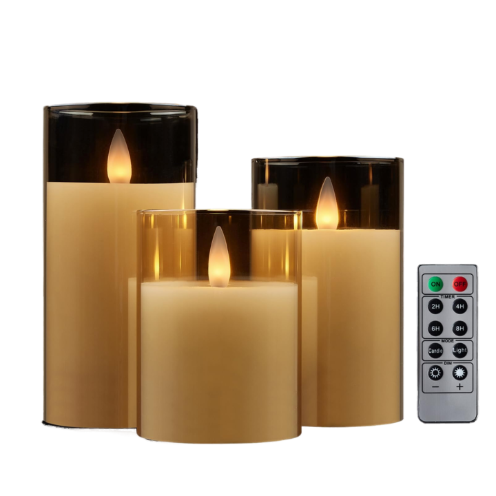Set de 3 lumanari fara flacara din sticla maro, alimentate cu baterii, LED-uri palpaitoare, Φ 7.5 cm / H 10 cm 12 cm 15 cm
