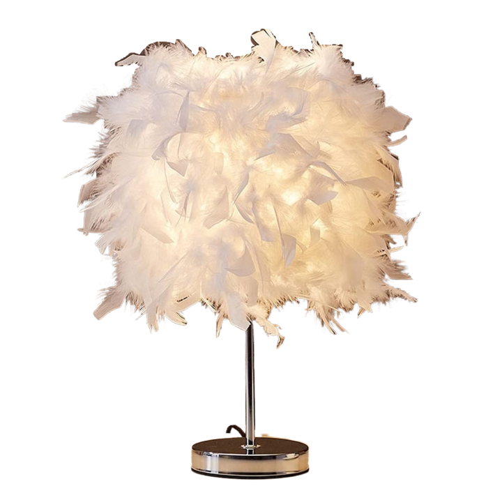 Lampa de Masa cu Pene Vintage Eleganta, pentru Dormitor, Hol, Living, Camera de Lectura, Decoratiuni (Alb)