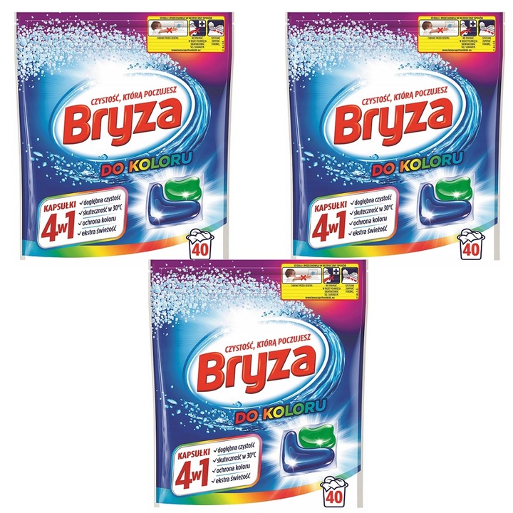 Set detergent rufe, Bryza 4w1, protectie culoare, eficienta la 30C, 40 capsule, set 3 buc