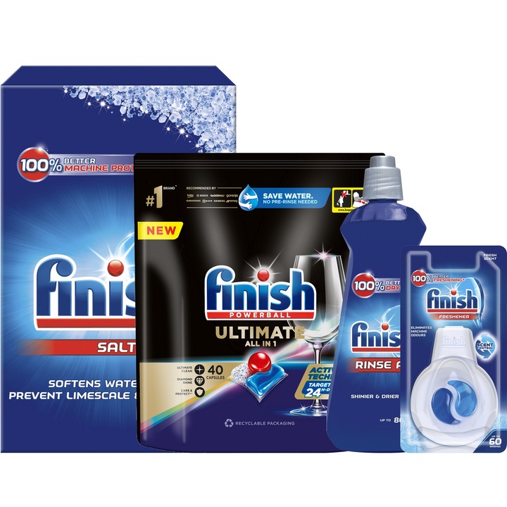 Set detergent vase Finish Quantum Ultimate, Regular, 40 capsule, 1,5kg, 400ml
