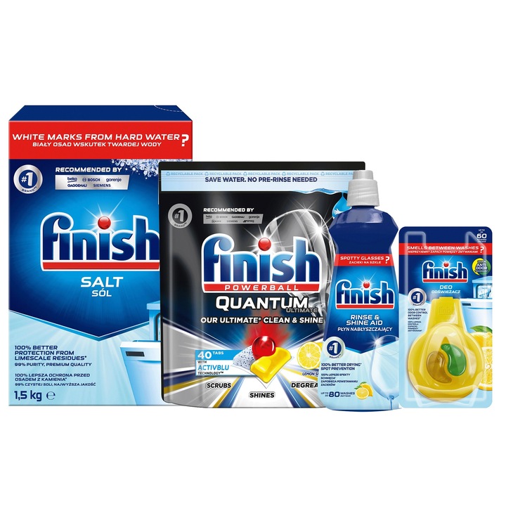 Set 4 solutii pentru masina de spalat vase, Finish, Capsule/Sare 1.5kg/Odorizant/Agent de clatire 400ml