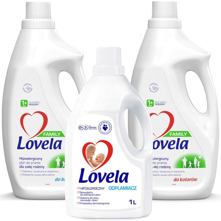 Lovela Családi mosócsomag: Lovela folyékony mosószer, Színes, 28 mosás, 1.85L + Lovela folyékony mosószer, Fehér, 28 mosás, 1.85L + Lovela öblítő, 2L + Lovela folteltávolító oldat, 1L