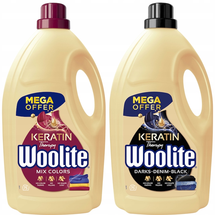 Комплект перилен препарат Woolite, за тъмни и смесени цветове, с кератин, 2 бр. по 4,5 л.