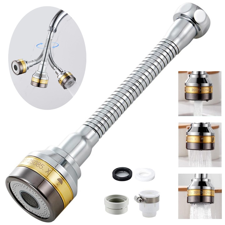 Baterie bucatarie, rotire 360, functii anti calcar si de economisire al apei, 3 moduri de ajustare al jetului, usor de instalat, alama, 17.5 cm, Argintiu