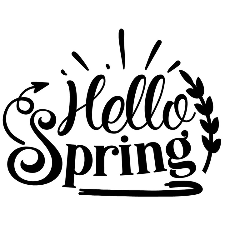Sticker Exterior cu textul in engleza "Hello, spring" - buna primavara flori natura, Vinyl Negru, 25 cm