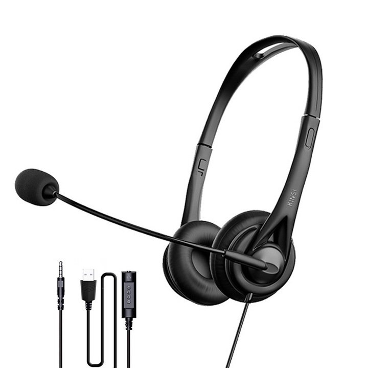 Слушалки с шумопотискащ микрофон, KINSI, кабелно управление, USB, черни
