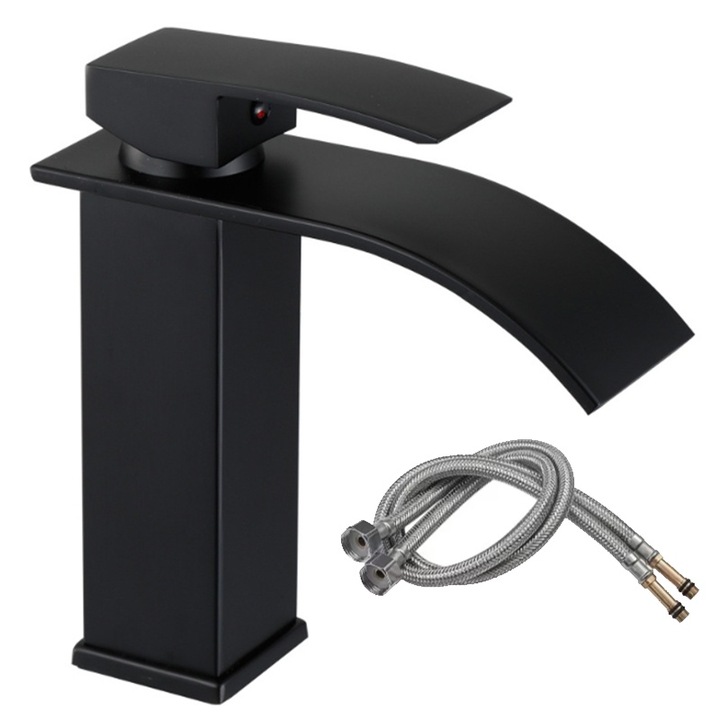 Baterie pentru bazin cascada, comenzi duble pentru cald si rece, conducta de admisie inclusa, otel inoxidabil, negru