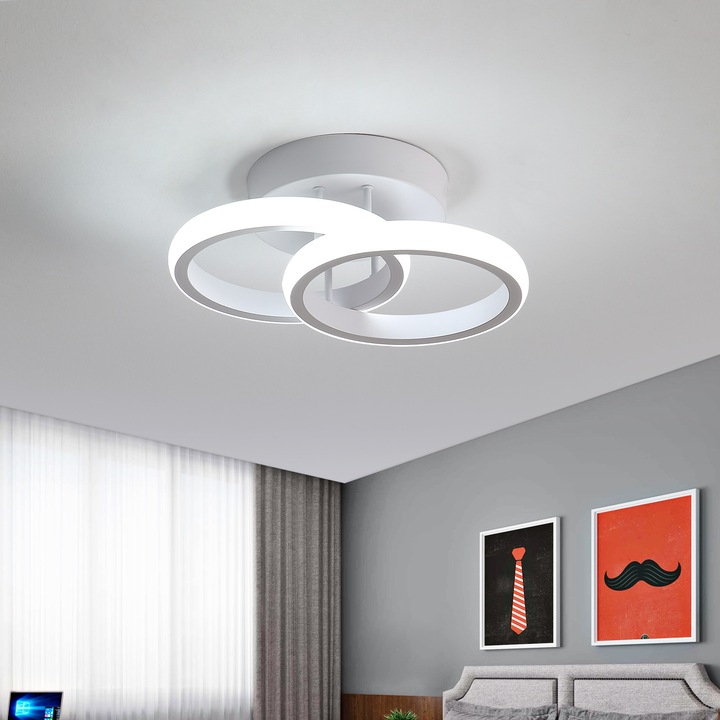 Lustra LED, Goeco, 2 Circle, Plafoniera, Lumina Calda/Neutra/Rece, Alb, Acril/Metal, 22W, Pentru Sufragerie, Dormitor, BucaTaRie, Hol
