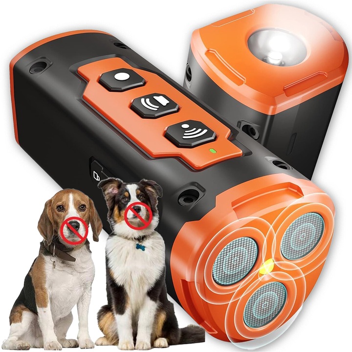 Dispozitiv anti-latrat pentru caini, EXCITAT, cu 3 transmitatoare de unde sonore, fara socuri si sigure pentru animale, sigur si usor de utilizat, raza de actiune de 50 de picioare, portocaliu