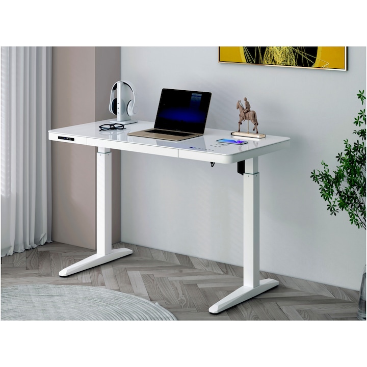 Бюро с регулируема височина Kring Rise Desk, С електрическо регулиране, 120x60x73-118 см, Бял, Стъклен плот