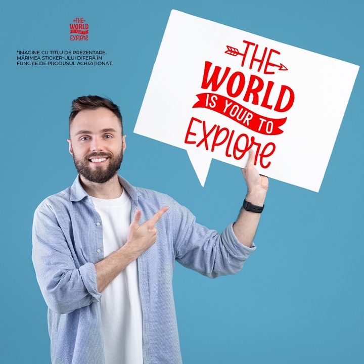 Sticker Exterior pentru pasionatii de calatorii cu mesajul "Lumea e a ta pentru a o explora", Vinyl Rosu, 20 cm